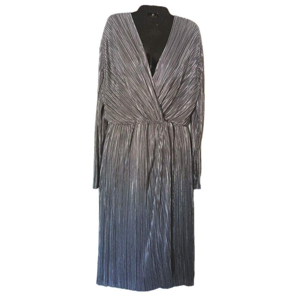 Vila Clothes Evening Dress Size 38 6/8 Metàllic Silver Tulip Wrap Crinkled Sheer